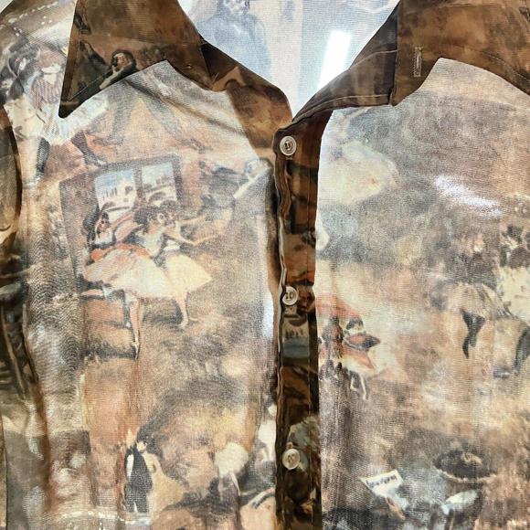 VTG Disco Revenge Button Down Shirt AOP Picture Printed Thin Sheer Elastic Sz M - Picture 8 of 10